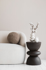 View of modern scandinavian style interior with sofa and trendy vase, Home staging and minimalism...