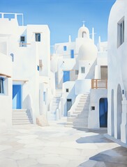 A painting depicting white buildings with blue doors against a clear sky, showcasing a typical Mediterranean architectural style.