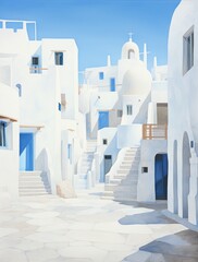 Obraz premium A painting depicting white buildings with blue doors against a clear sky, showcasing a typical Mediterranean architectural style.