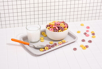 A dry breakfast and a glass of milk. Tasty healthy product.