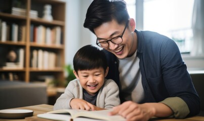 Smiling father and young son enjoying a book together in a cozy home setting.