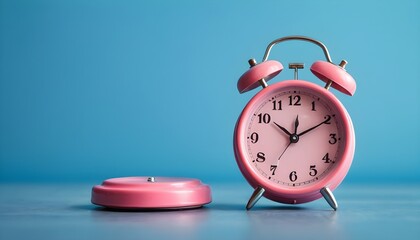 Fototapeta na wymiar A pink vintage alarm clock on the trendy classic blue colored background