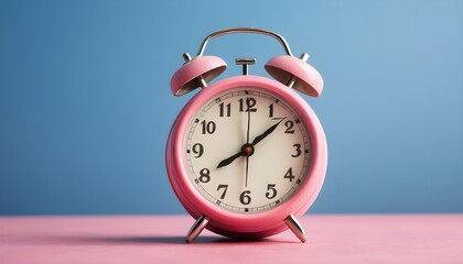 A pink vintage alarm clock on the trendy classic blue colored background