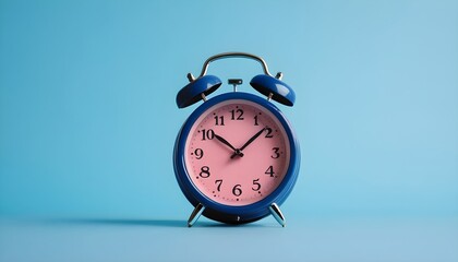 A pink vintage alarm clock on the trendy classic blue colored background