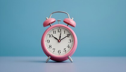 A pink vintage alarm clock on the trendy classic blue colored background
