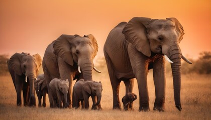 Fototapeta na wymiar African Elephant Family of Five at Sunset