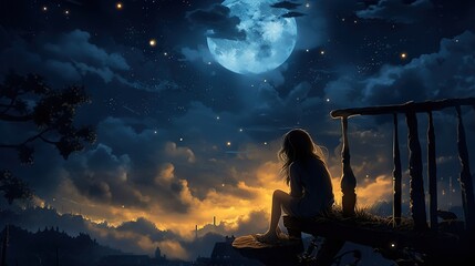 Silhouette of a girl looking at the moon, orange and blue wallpaper