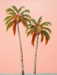 Two tall palm trees are shown prominently against a soft pink background, their dark outlines creating a striking contrast in the sky.