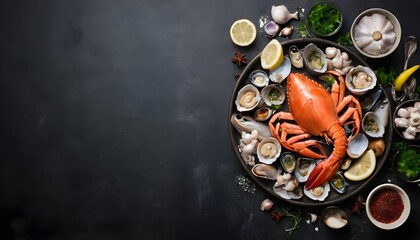 Assortment of different seafood with garlic, herbs and spices. On dark rustic background - obrazy, fototapety, plakaty