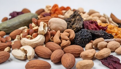 assorted nuts and dried vegetables on a light background side view