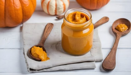 Baby food. Puree from fresh pumpkin. On a white wooden background