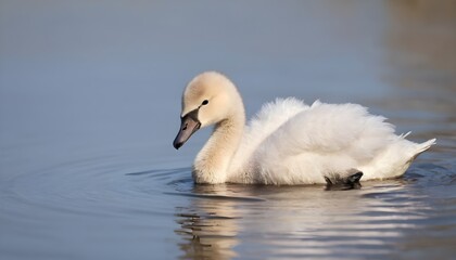 Baby mute swan, cygnus olor walking out of the waterlake - obrazy, fototapety, plakaty