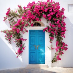 Fototapeta na wymiar A blue door is enveloped by vibrant pink flowers that are blooming profusely, creating a striking contrast against the doors color.