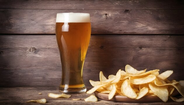 Beer rustic style . Beer and chips on a wooden background