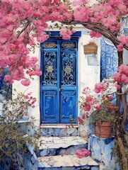 A painting depicting a blue door adorned with vibrant pink flowers, adding a pop of color to the scene.