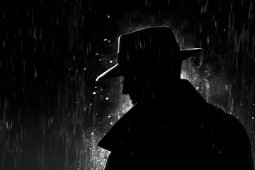Investigating the silhouette of a noir-style detective in the rain. Concept Film Noir, Detective, Silhouette, Rainy Scene, Investigation - obrazy, fototapety, plakaty