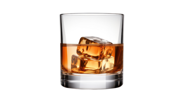Whiskey on the Rocks in Crystal Glass Isolated on Transparent Background