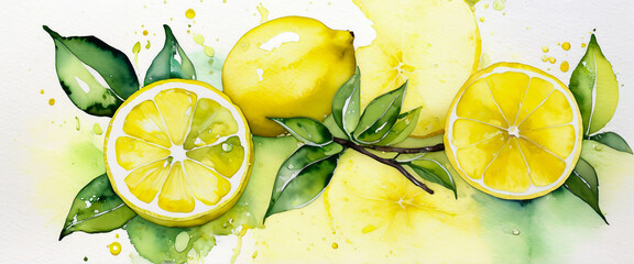 Watercolor style illustration with ripe lemons and branches. Cross section of lemon. Abstract watercolor background.
