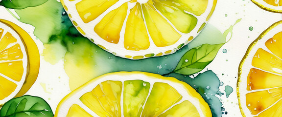Lemon cross section illustration in watercolor style. Lemon slices background. Abstract watercolor painting.