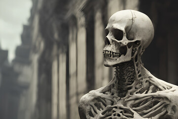 A black and white image of a skeleton looking forlorn in the midst of war, Spooky Halloween symbol.