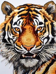 A detailed close-up view of a tigers face, showcasing its powerful features and intense gaze, set against a clean white background.