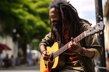 Rastafarian strums guitar in the street. Concept Street Performance, Musician, Rastafarian, Guitar,...