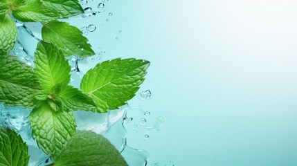 Top view photo of mint leaves ice cubes and water drops on isolated pastel blue background