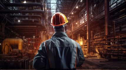 Back view of worker in safety gear at an industrial manufacturing facility.