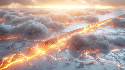 Fiery crack splits a snowy landscape, with fluffy clouds at sunset. - obrazy, fototapety, plakaty