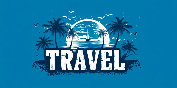 logo with "TRAVEL" written in white letters on a blue background, palm trees emulate a journey, TRAVEL concept
