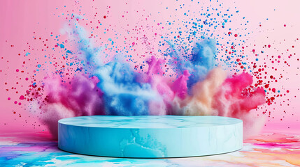 Circular white podium surrounded by dynamic swirls of pink and blue paint, ideal for energetic...