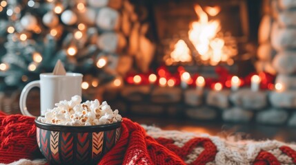 Cozy evening at home with popcorn, knit sweater, and warm ambiance for relaxation and comfort