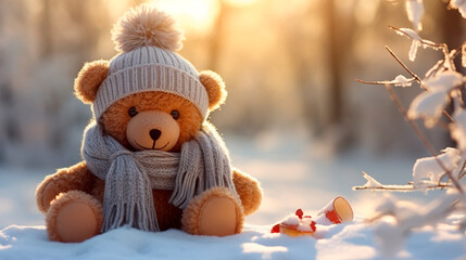 a teddy bear wearing a scarf and hat