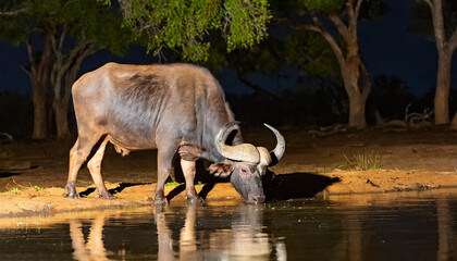 Cape buffalo (Syncerus caffer) drinking at night, Zimanga private game reserve, South Africa.