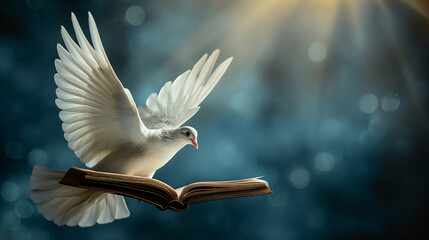White dove flying over the Scripture, in the ray of light on blue background. Holy Spirit and Bible