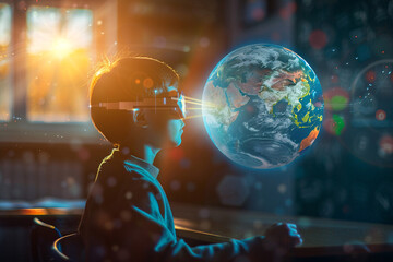 kid using augmented reality, child playing with globe, AR, augmented reality
