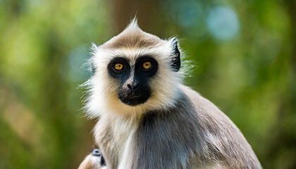 Fototapeta premium Gray Langur (Semnopithecus dussumieri) youngster in arms of mother Ranthambhore, India