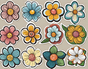 Fototapeta na wymiar hand drawing cartoon flower sticker set