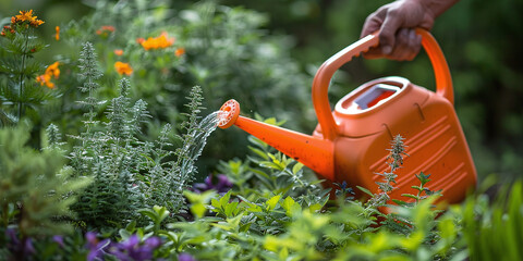 gardener manually watering plants in the garden using a plastic watering can - obrazy, fototapety, plakaty