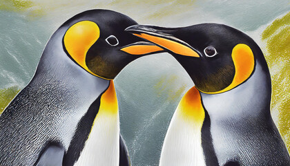 RF -Two King penguins (Aptenodytes patagonicus) head to head, South Georgia, South Atlantic. (digitally stitched image)