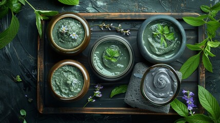 A bowl of green clay powder for spa treatments on a natural background with herbs and flowers. AI - obrazy, fototapety, plakaty