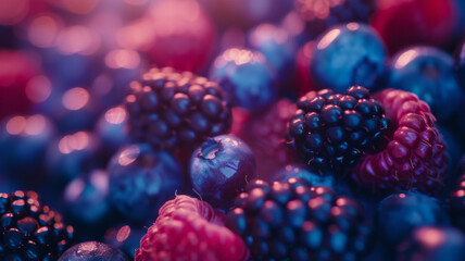 Berry Delight, Close-Up of Blackberries, Blueberries, and Raspberries - obrazy, fototapety, plakaty