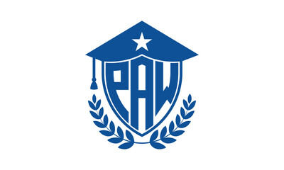 PAW three letter iconic academic logo design vector template. monogram, abstract, school, college, university, graduation cap symbol logo, shield, model, institute, educational, coaching canter, tech