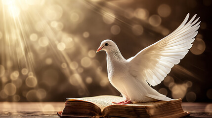 White dove flying over the Scripture, in the ray of light on golden background. Holy Spirit and Bible