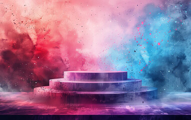 Circular white podium surrounded by dynamic swirls of pink and blue paint, ideal for energetic...