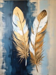 An artwork depicting two feathers painted on a vibrant blue background. The feathers are detailed and intricate, contrasting beautifully against the solid color backdrop.