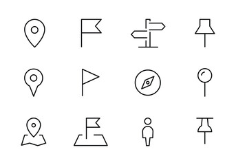 pin icon set. nearby, direction, position, ways, navigation map markers, Location pointer line icons set, editable stroke isolated on white, linear vector outline illustration, symbol logo design