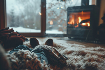 Close-up of a person lying on a plush rug beside a fireplace, enjoying the warmth and coziness of a siesta on a chilly afternoon, minimalistic style, - obrazy, fototapety, plakaty