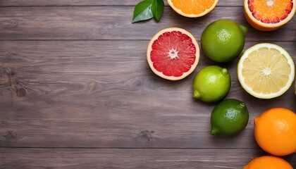 Citrus background. Fresh citrus fruits - Lemons, oranges, limes, grapefruits. On wooden background