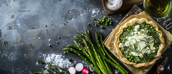 Fresh spring tart with green peas and asparagus on puff pastry